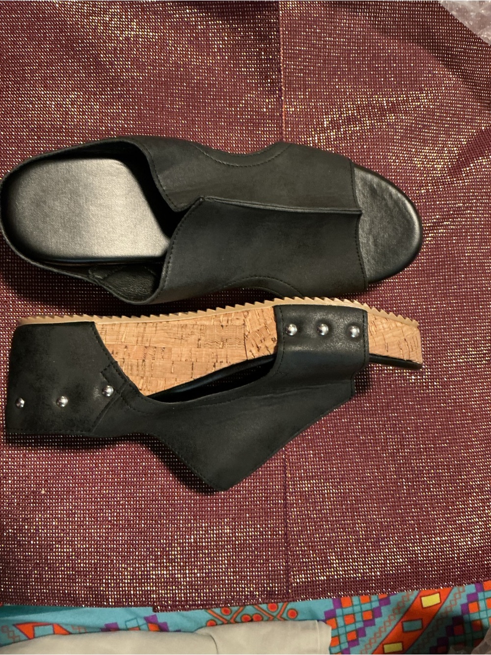 Black Cork Wedge Slide Sandals